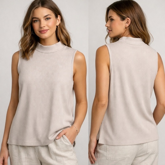 Eileen Fisher Tops - Eileen Fisher Ribbed Sleeveless Mock Neck Top Neutral Size M